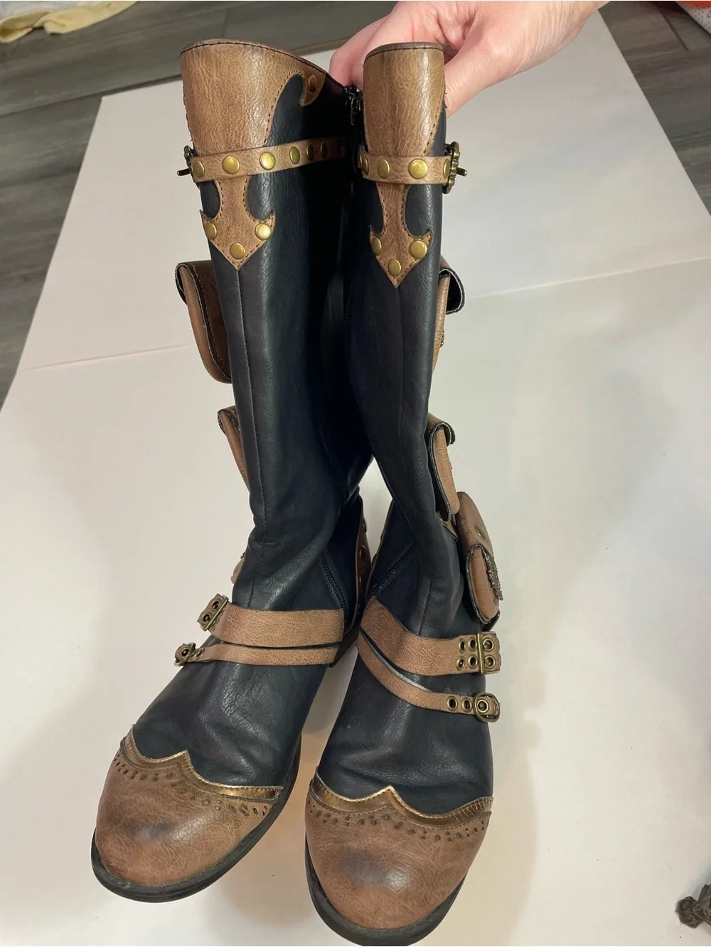 Ellie Black Tan Boots w Pouches & Buckles - Victorian Western Steampunk Cosplay - Picture 4 of 16